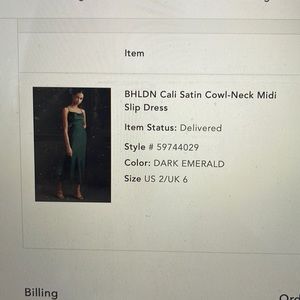 BHLDN Cali Satin Cowl Neck MIDI Slip Dress color: Dark Emerald